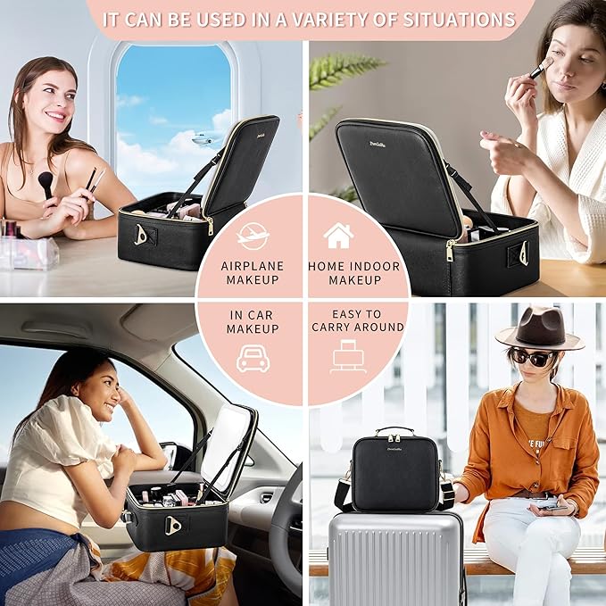 ZhenGuiRu Travel Makeup Bag with LED Mirror, Portable Cosmetic Case Organizer with Lighted Mirror, Waterproof Makeup Case for Cosmetic Brush Holder Storage, Black Toiletry Bag for Women Gift