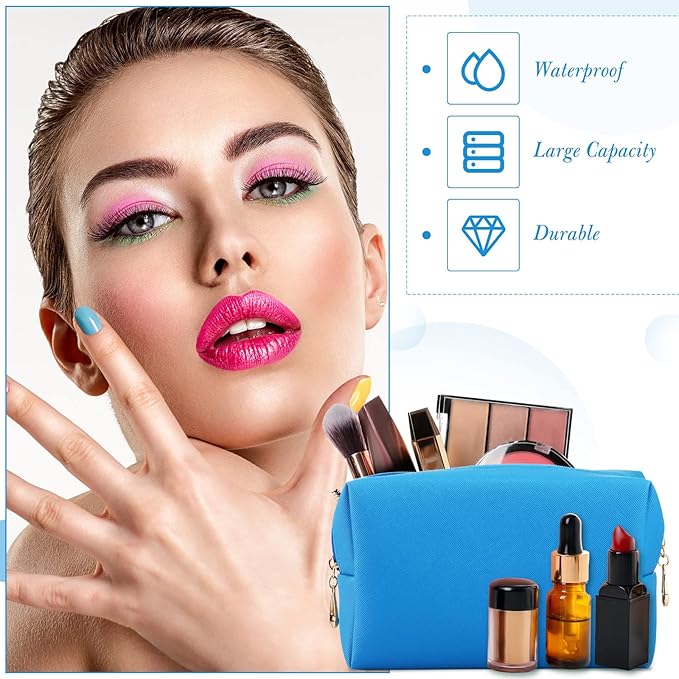 Sanwuta 9 Pcs Makeup Bags Bulk Bridesmaid Proposal Gifts Cosmetic Bags Preppy PU Leather Double Zipper Toiletry Pouch Portable Travel Organizer Case for Women Bachelorette Gift(Blue)