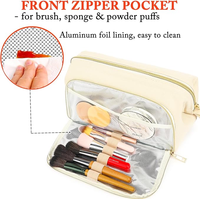 Fammart Travel Makeup Bag, Wide-open Cosmetic Bag Make Up Organizer Case with Brushes Pocket for Women, Large Family Toiletry Bag Skincare Pouch for Toiletries Accessories