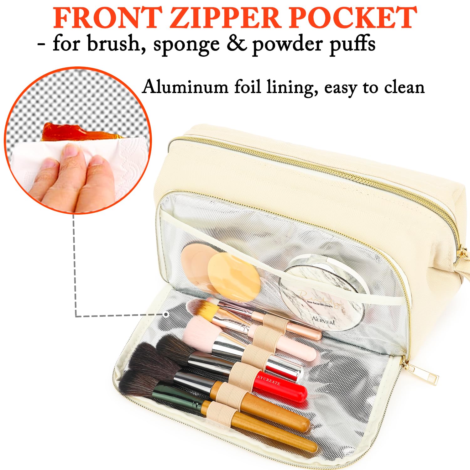 Fammart Travel Makeup Bag, Wide-open Cosmetic Bag Make Up Organizer Case with Brushes Pocket for Women, Large Family Toiletry Bag Skincare Pouch for Toiletries Accessories