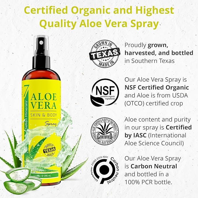 Seven Minerals, Aloe Vera Spray for Body & Hair - From Freshly Cut Organic Aloe (99%), Extra Strong, Easy to Apply, No Thickeners So It Absorbs Rapidly, No Sticky Residue - Made in USA (12 fl oz)