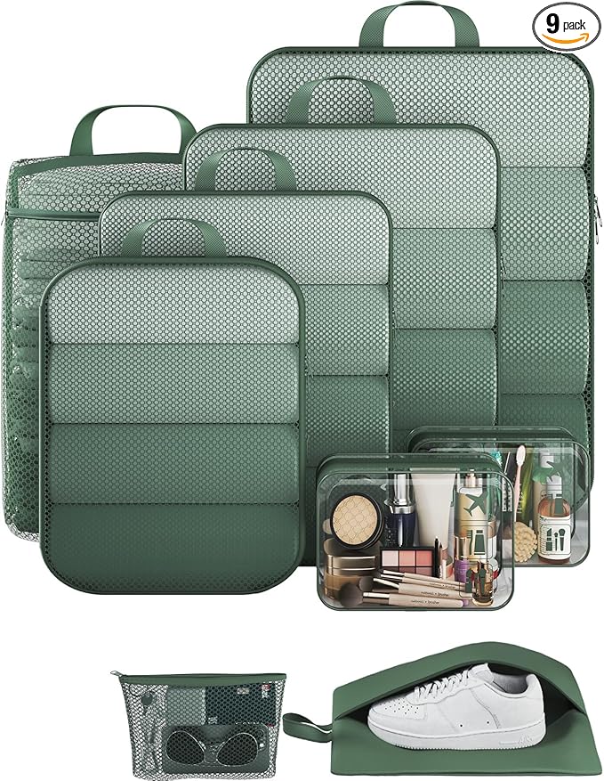 Veken 9/11 Set Compression Packing Cubes Garment Bags for Travel Essentials,Compressible Expandable Luggage Organizer Bags for Clothing,Space Saver Bags with Over 1000 pcs of Mesh Holes(Dark Green)