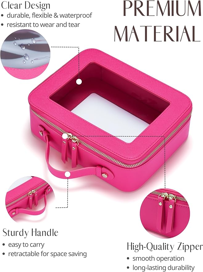 Popvibe Clear Makeup Bag Travel Cosmetic Case Transparent Toiletry Bag with Zipper, Portable Make Up Organizer Traveling Compact Car Bag for Essentials, Hotpink, Large