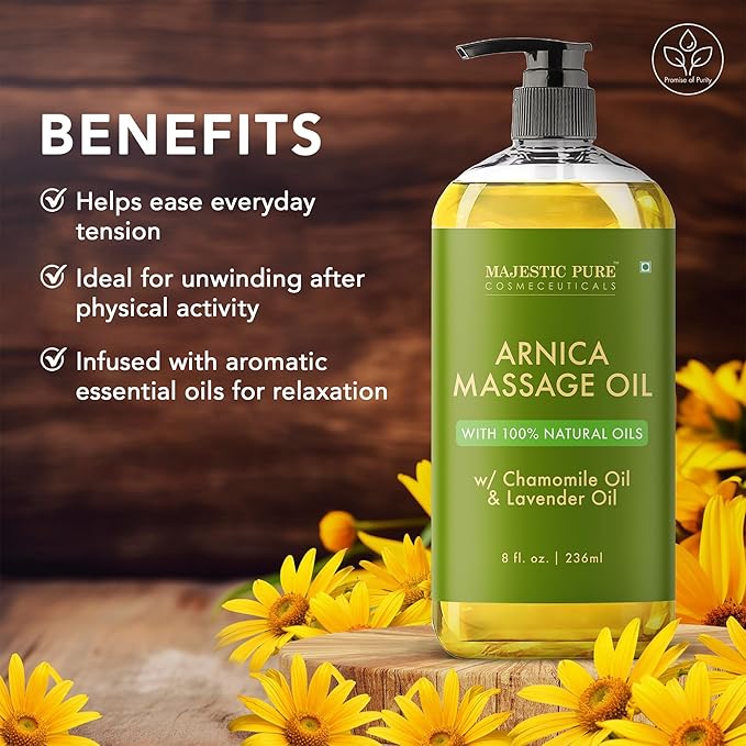 Majestic Pure Arnica Massage Oil, Relaxing Body Oil, 8 Fl Oz