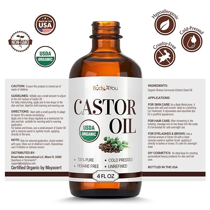 BodyJ4You Castor Oil for Eyelashes and Eyebrows - Hair Growth Oil Eyelash Brush Brow Serum Lash Oil - 100% Pure Castor Oil Organic Cold Pressed Unrefined Glass Bottle Hexane Free 4 Fl Oz
