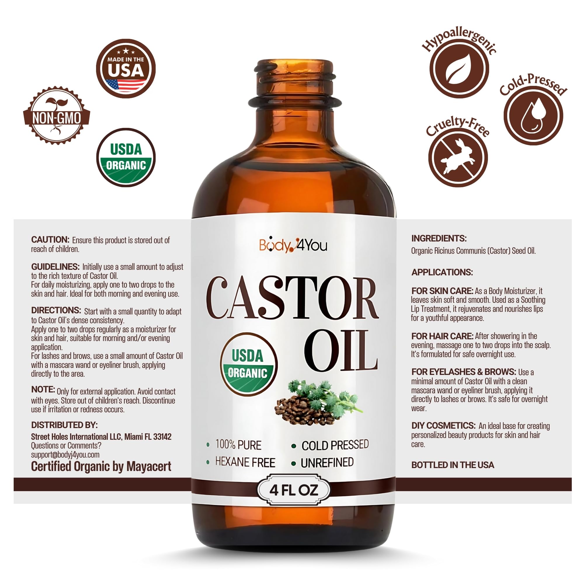 BodyJ4You Castor Oil for Eyelashes and Eyebrows - Hair Growth Oil Eyelash Brush Brow Serum Lash Oil - 100% Pure Castor Oil Organic Cold Pressed Unrefined Glass Bottle Hexane Free 4 Fl Oz