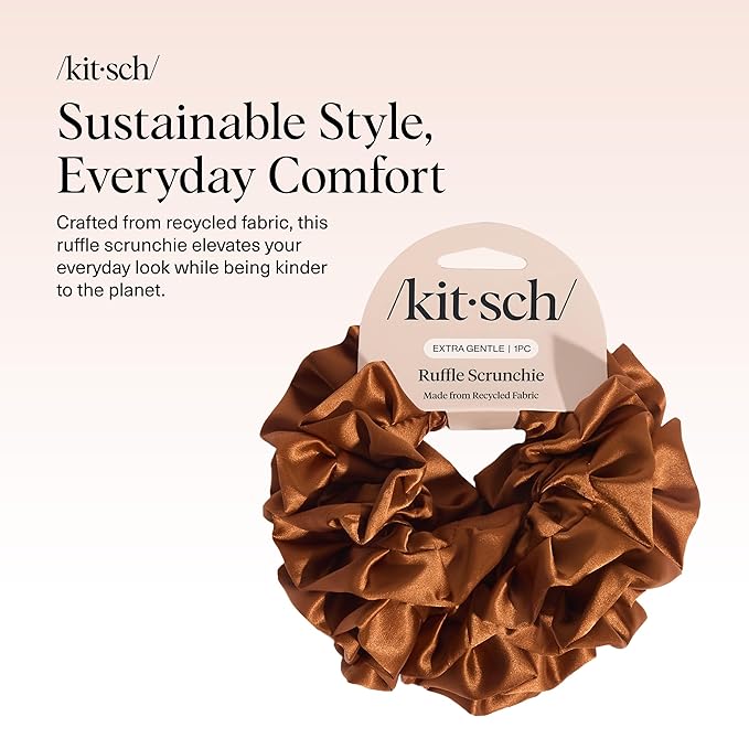 Kitsch Ruffle Satin Scrunchies For Women - Gentle Hair Tie - Camel