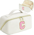DTBG Makeup Bag for Women, PU Leather Travel Toiletry Bags, Initial Make Up Cosmetic Pouch for Teen Girls, Wide Open Portable Skincare Bag, Personalized Birthday Gifts Graduation Gifts, White C