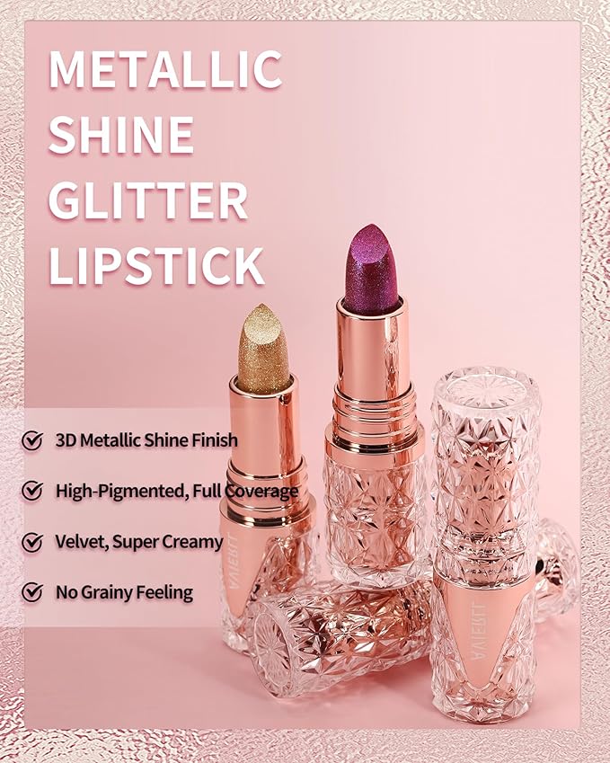 Metallic Coral Pink Lipstick for Women,Long Lasting Glitter Lipstick Makeup
