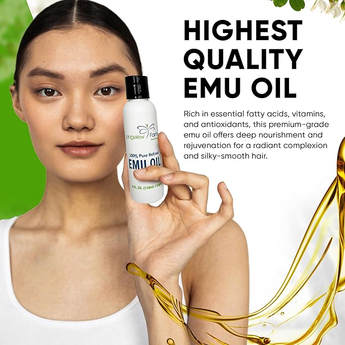 Longview Farms Emu Oil - Hair and Body - 100% Pure & Refined | Pure Emu Oil for Skin & Hair Care | Premium Quality Hydration & Nourishment | 1 Fl. Oz