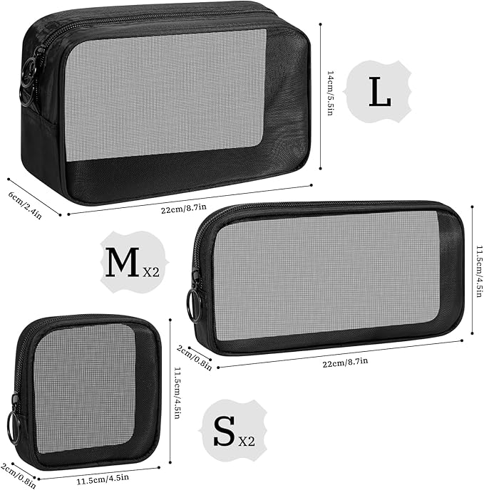 5 Pieces Mini Zipper Nylon Mesh Pouch, Mesh Cosmetic Bags Makeup Bags, Multipurpose Travel Toiletry Bags for Office Supplies and Travel Accessories (Black, Assorted Sizes)