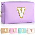 TOPEAST Initial Makeup Bags for Women, Personalized Portable Cosmetic Bag for Travel, Cute Makeup Pouch, PU Leather Waterproof Toiletry Bag, Preppy Things for Girl (Purple V)