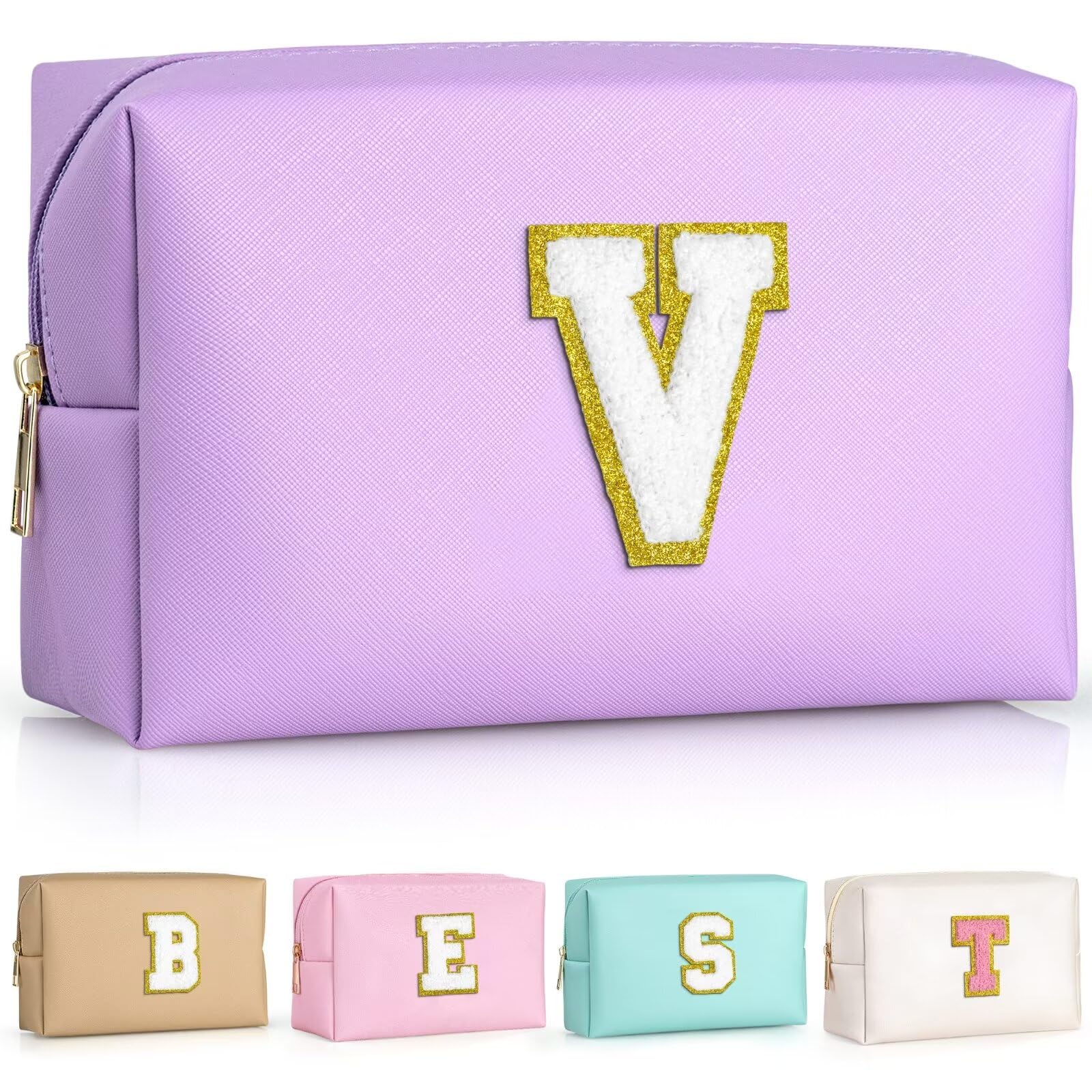 TOPEAST Initial Makeup Bags for Women, Personalized Portable Cosmetic Bag for Travel, Cute Makeup Pouch, PU Leather Waterproof Toiletry Bag, Preppy Things for Girl (Purple V)