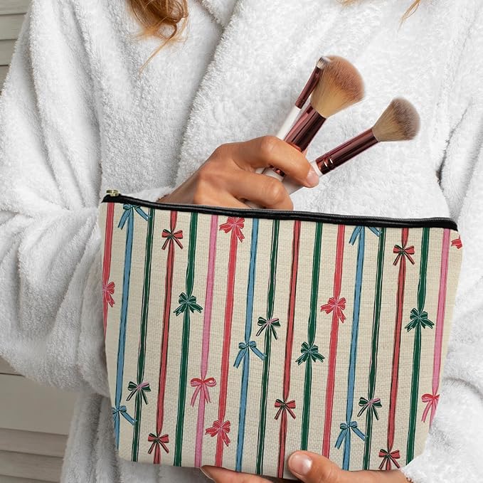 SAFDSGFDB Coquette Christmas Ribbon Bow Makeup Bag, Preppy Red Green and Pink Striped Christmas Cosmetic Bags Gifts for Women, Girly Xmas Portable Travel Toiletry Bag Zipper Makeup Pouch