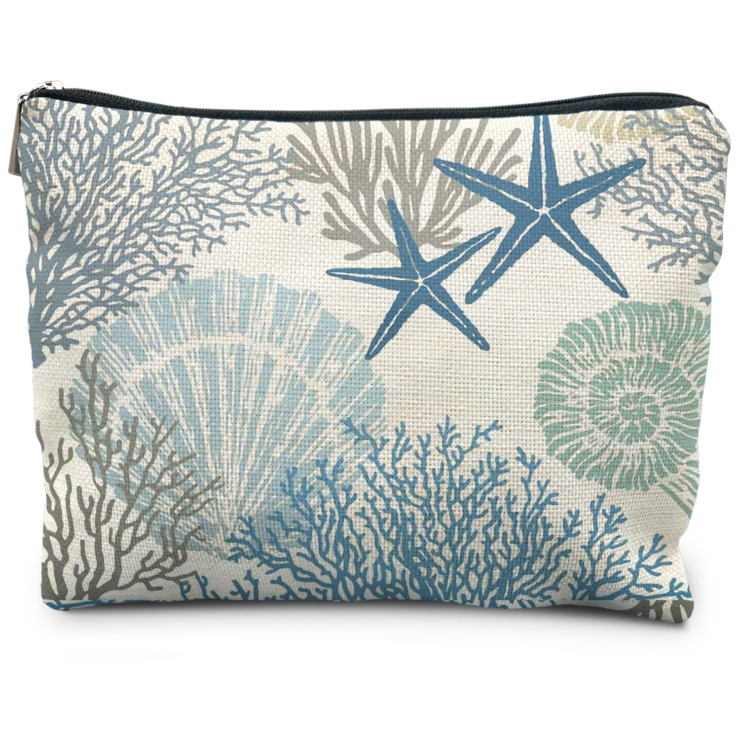 RYYCDOI Ocean Starfish Coral Seashell Beach Makeup Bag, Marine Life Sea Animals Cosmetic Bags for Women, Beach Vacation Gifts, Ocean Themed Gifts