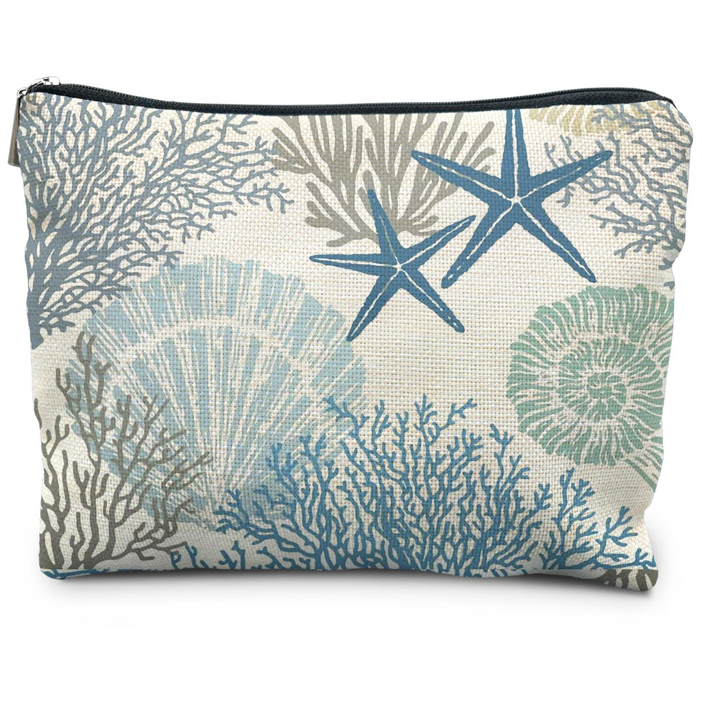 RYYCDOI Ocean Starfish Coral Seashell Beach Makeup Bag, Marine Life Sea Animals Cosmetic Bags for Women, Beach Vacation Gifts, Ocean Themed Gifts