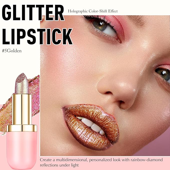 Wugbc Gold Holographic Glitter Lipstick Makeup, Metallic Lip Stick Long Lasting Lightweight Non-Sticky Hydrating Lip Tinted Full Coverage High-Shine Shimmer Chameleon Lipstick for Women