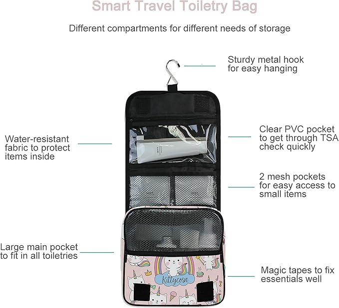 senya Hanging Travel Toiletry Bag Kit Makeup Case Cosmetics Organizer for Men Women unicorn cat