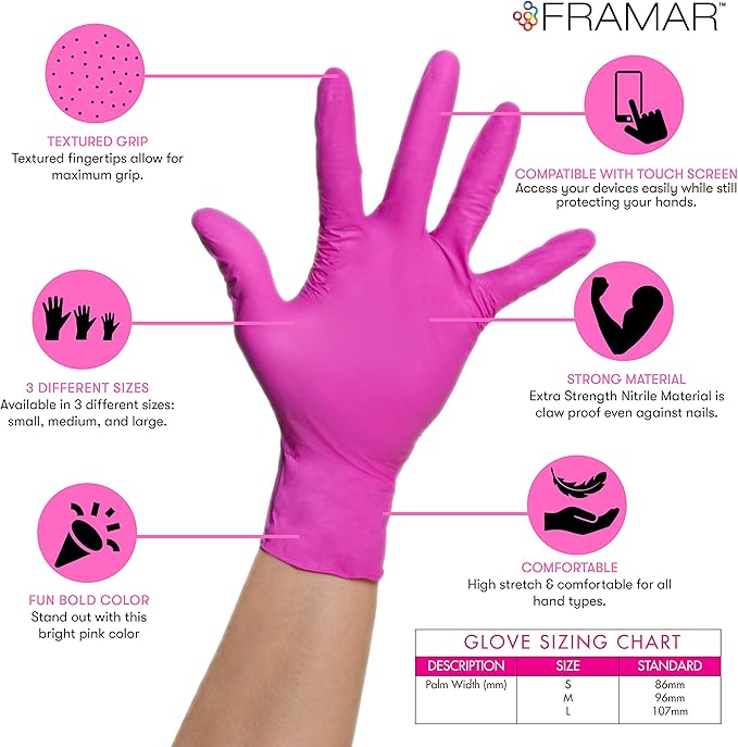 FRAMAR Pink Gloves Disposable Latex Free, Pink Nitrile Gloves Medium, Salon