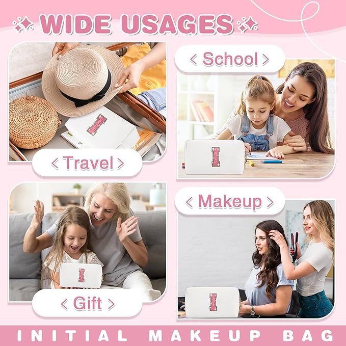 Small Initial Patch Makeup Bag Personalized Gifts Make Up Bag,White Cute PU Leather Glitter Letter Cosmetic Bag with Zipper,Trendy Portable Travel Toiletry Pouch,Preppy Stuff for Teen Girls Women I