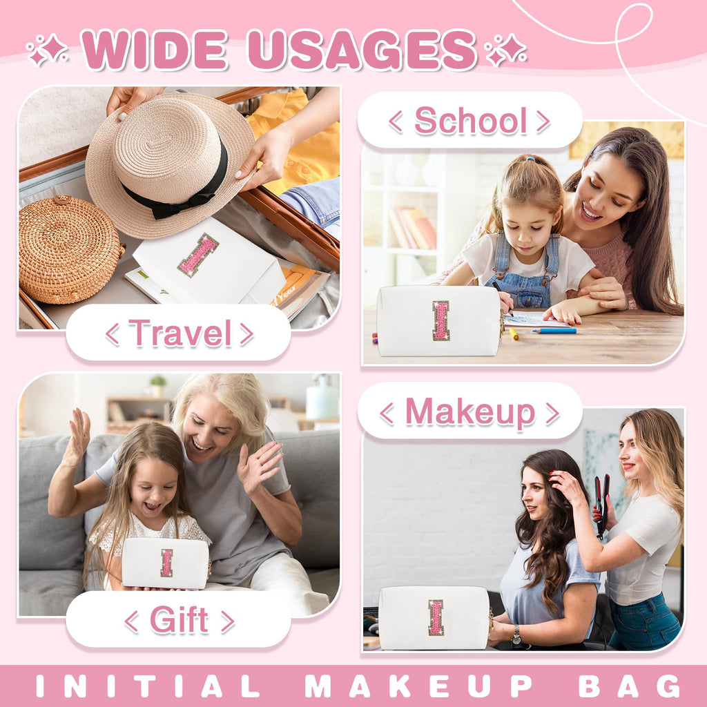 Small Initial Patch Makeup Bag Personalized Gifts Make Up Bag,White Cute PU Leather Glitter Letter Cosmetic Bag with Zipper,Trendy Portable Travel Toiletry Pouch,Preppy Stuff for Teen Girls Women I