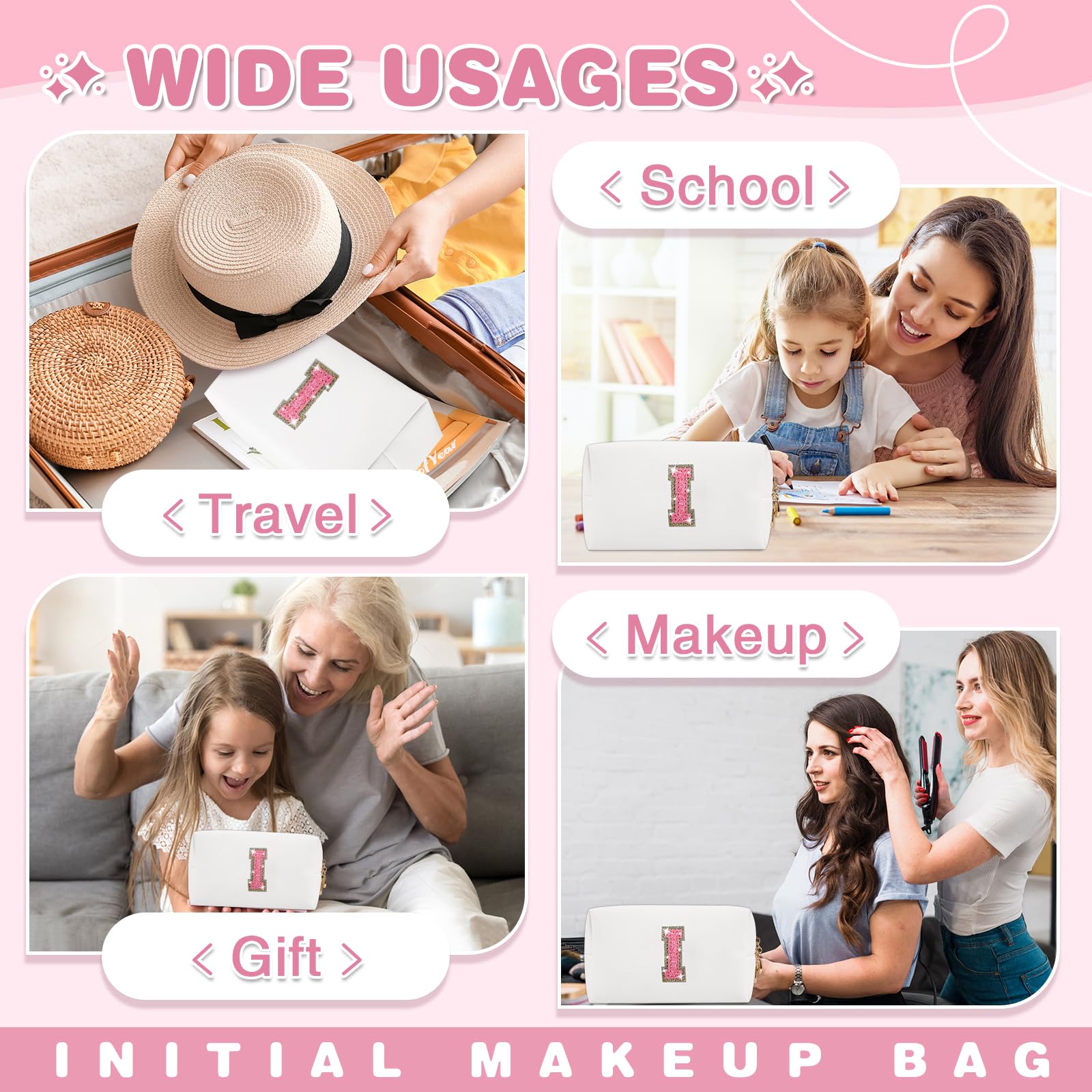 Small Initial Patch Makeup Bag Personalized Gifts Make Up Bag,White Cute PU Leather Glitter Letter Cosmetic Bag with Zipper,Trendy Portable Travel Toiletry Pouch,Preppy Stuff for Teen Girls Women I