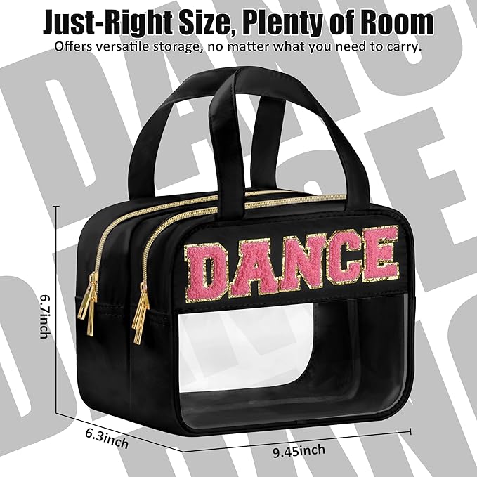 BuyCard Dance Chenille Letter Bags Clear Makeup Bag for Travel, Dance Gift Cosmetic Pouch with Handles and Zipper, Nylon & PVC Waterproof Large Dance Accessories Toiletry Purse Storage Bag for Women