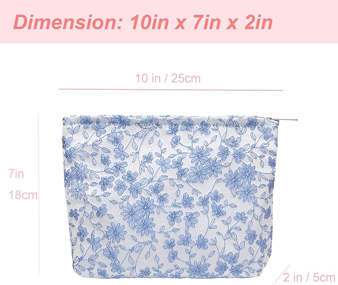Flat Makeup Bag for Women,Zipper Cosmetic Pouch for Purse,Brocade Silver