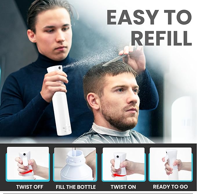 Hula Home Spray Bottle for Hair (10.1oz/300ml) - Continuous Ultra Fine Mist Sprayer – For Hairstyling, Cleaning, Salons, Plants, Essential Oil - All White