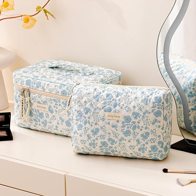 HBselect Quilted Makeup Bag, 3Pcs Cotton Large Travel Makeup Bags Organizer