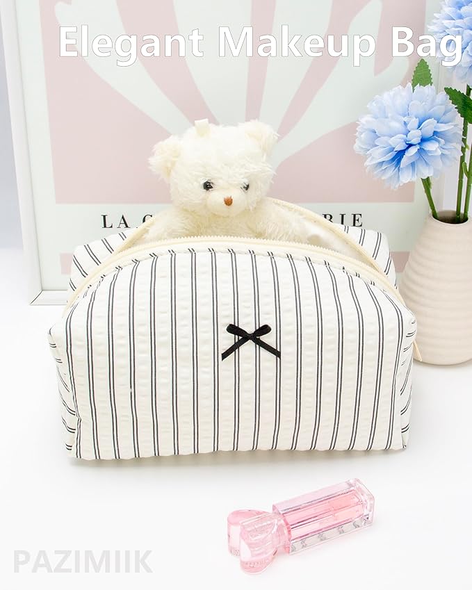 PAZIMIIK Cozy Makeup Bag for Women,Zipper Cosmetic Pouch,Stripe Black