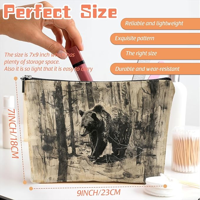Scribesense Makeup Bag Travel Cosmetic Bags Small Makeup Case Waterproof Zipper Pouch for Women Girls 7X9inches - Brown Bear Roaming Through A Textured Forest