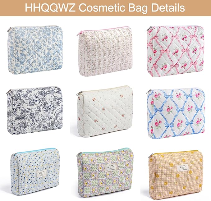 HHQQWZ Makeup Bag Travel Cosmetic Bag for Women Girls, Zipper Make Up Pouch, Floral Flowers Toiletry Organizer Makeup, Portable Storage Cosmetic Travel Cloth Bag (L/Blue Floral)