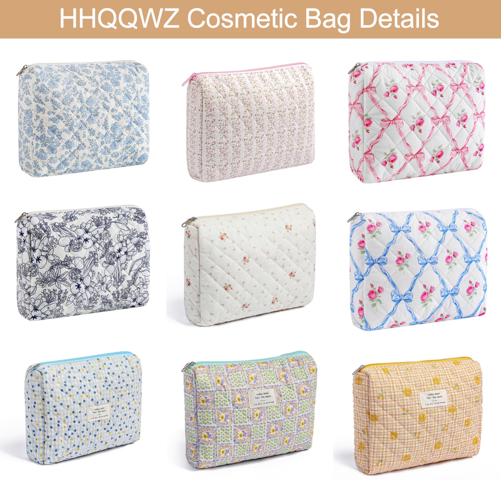 HHQQWZ Makeup Bag Travel Cosmetic Bag for Women Girls, Zipper Make Up Pouch, Floral Flowers Toiletry Organizer Makeup, Portable Storage Cosmetic Travel Cloth Bag (L/Blue Floral)