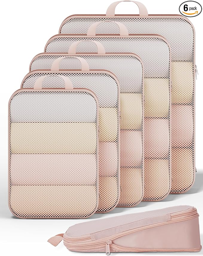 Veken 6/9/11 Set Compression Packing Cubes Garment Bags for Travel Essentials,Compressible Expandable Luggage Organizer Bags for Clothing,Space Saver Bags with Over 1000 pcs of Mesh Holes(Beige)