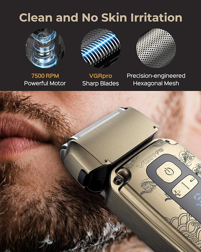 VGRPRO Foil Shaver for Men, Electric Razor for Men Face Beard, Waterproof Cordless Electric Razor for Travel, 4-Speed Setting, USB-C Rechargeable, LED Battery Display, Barber or Home Use (Black)