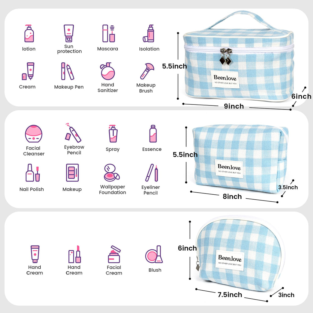 FAELBATY Checkered Makeup Bag, 3 Pack Large Travel Makeup Bag Set, Cosmetic Bag for Women (Blue)