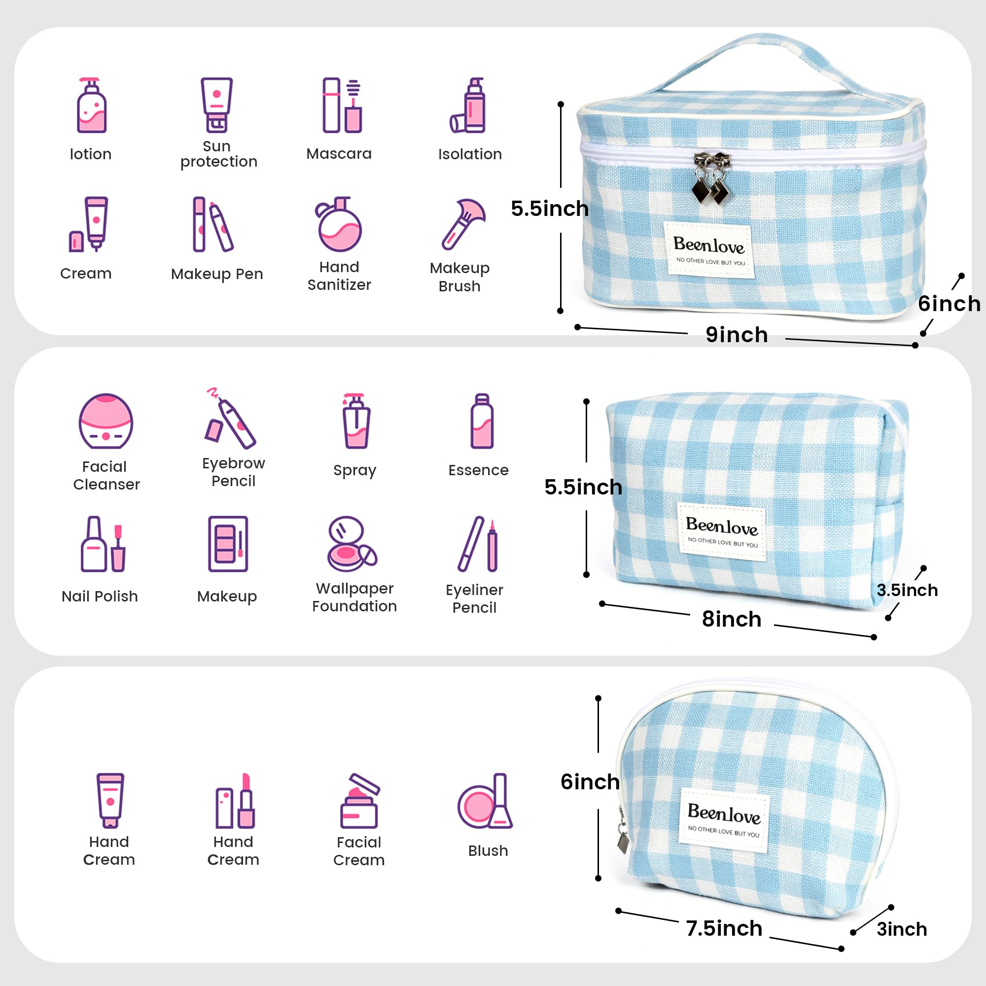 FAELBATY Checkered Makeup Bag, 3 Pack Large Travel Makeup Bag Set, Cosmetic Bag for Women (Blue)