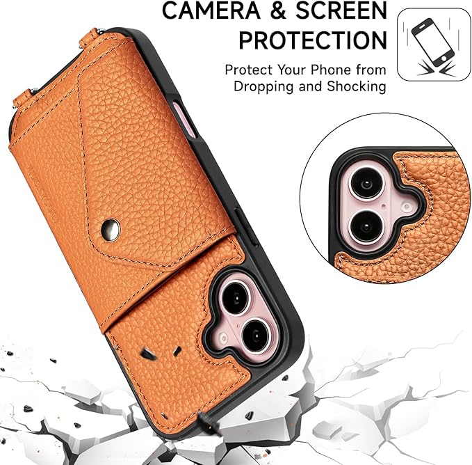 LUCKYCOIN Crossbody Phone Case for iPhone 16 Plus,100% Genuine Leather Phone Wallet Case for Women, Premium Hands-Free Phone Purse with Expandable Flip Card Holder & Adjustable Strap - Pebble Brown