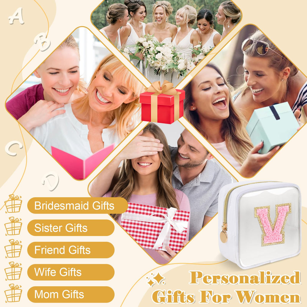 Personalized Initial Letter Clear Preppy Makeup Bag,Mini Nylon Chenille Letter Cosmetic Bag Cute Zipper Pouch Purse for Teen Girls,Portable TSA Approved Beach Travel Essentials Bag Gift for Women,V