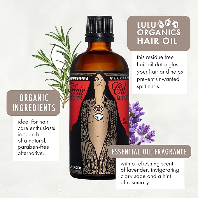 Lulu Organics Argan Oil for Hair, Nourishing, Strengthening - Curly Dry Frizzy Damaged Hair, Adds Shine and Moisturizes, Scented Organic Oil, Lavender & Clary Sage - 3.4 oz