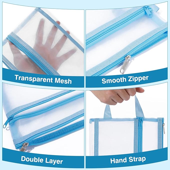 Fassave 6 Pack Mesh Zipper Pouch Bags, Double Layer Nylon Pouch with Handle for Office Travel Organization (White, A5)