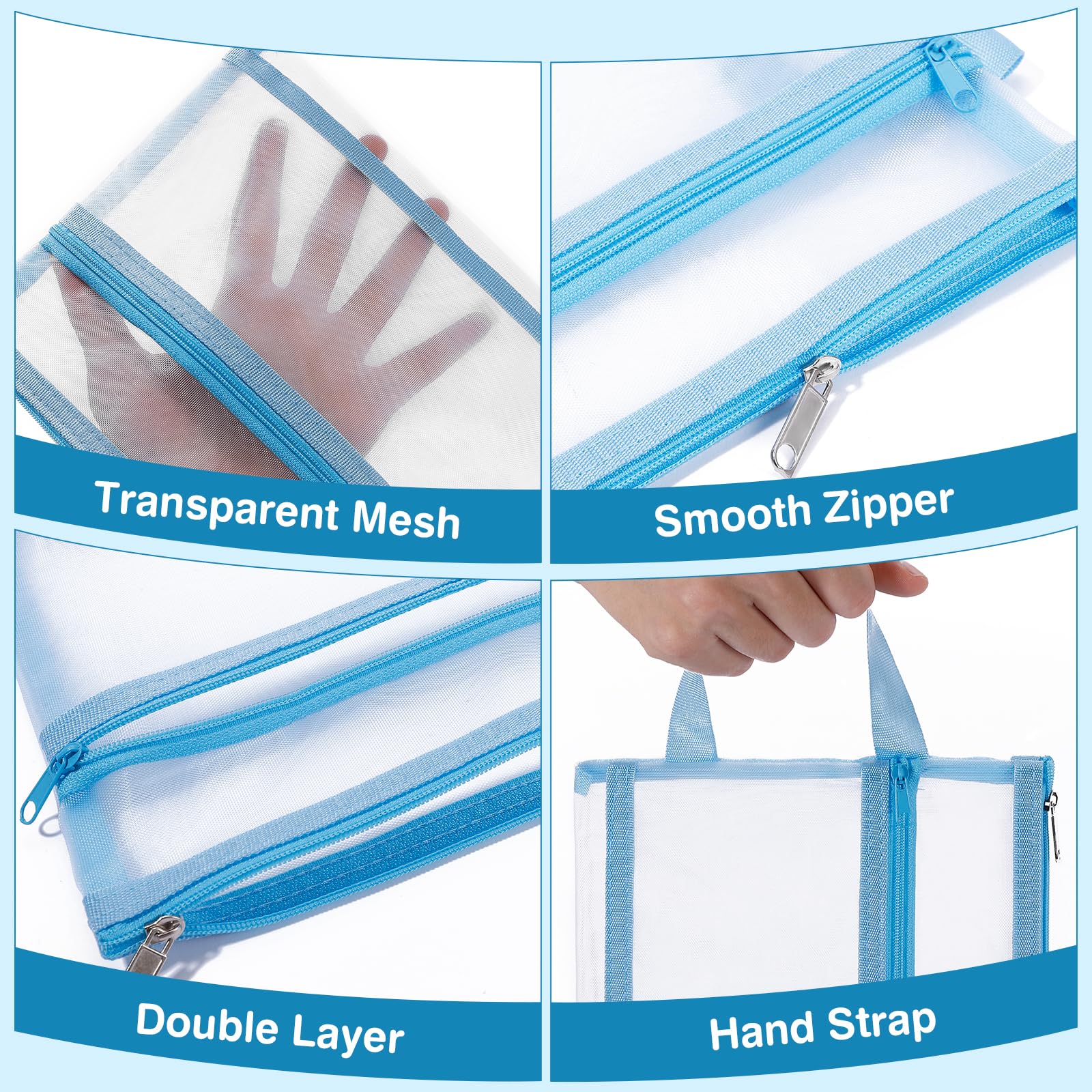Fassave 6 Pack Mesh Zipper Pouch Bags, Double Layer Nylon Pouch with Handle for Office Travel Organization (Blue, A4)