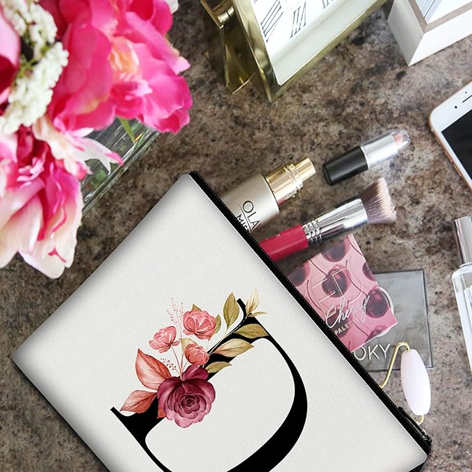 Vavabox A-Z Personalized Makeup Bag, Birthday Gifts for Women Mom, Gifts for Best Friend, Bride Bridesmaid Cosmetic bag (D, 01-White)