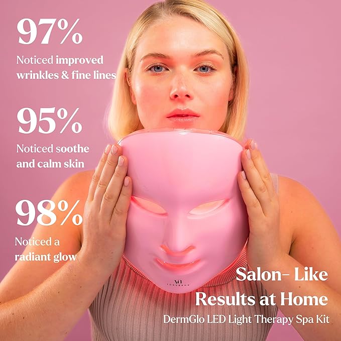 VogueNow LED Face Mask Light Therapy Premium Spa Kit (4 Pcs) - With Ultrasonic Scrubber, Sonic Brush & Green Tea Serum - 7 Colors (Blue & Red) Light Therapy Mask (Light Pink)