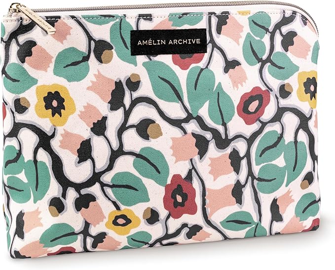 AMÉLIN ARCHIVE Large Canvas Zipper Pouch, Vintage Inspired Pencil Case for Adults, Travel Toiletry Bag, Small Pouch Bag for Supplies, Makeup or Toiletries (Bloomsbury)