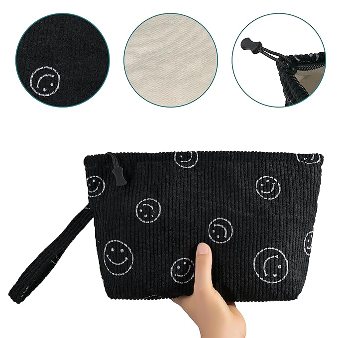 ZOEMTIU Small Cosmetic Bag set for Women Corduroy Makeup Bag with Interior Pocketes Cute Corduroy Makeup Pouches Women Small Toiletry Bag (Black Smile)