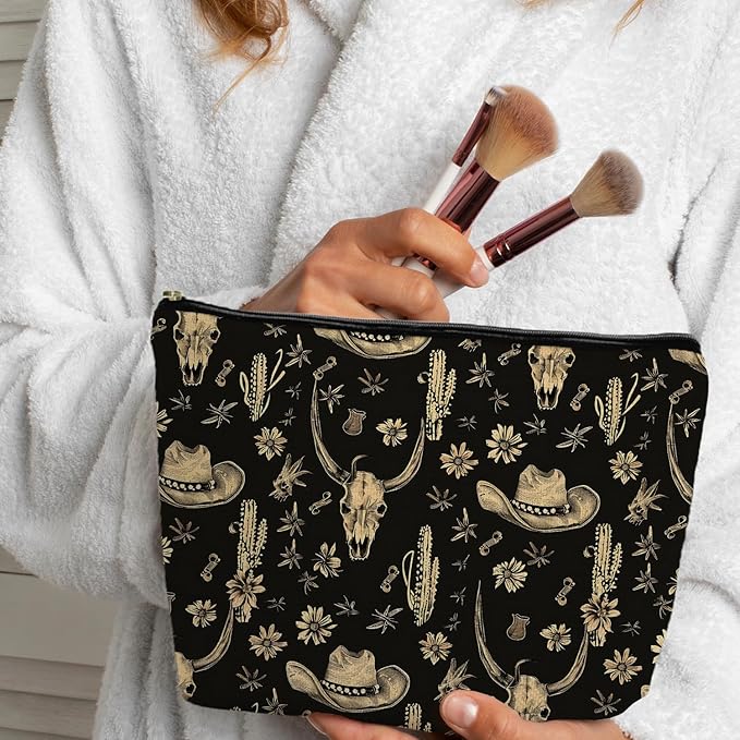 SAFDSGFDB Boho Western Makeup Bag, Rustic Country Western Cow Skull Cactus Cosmetic Bags Gifts for Women, Southwestern Cowgirl Portable Travel Toiletry Bag Zipper Makeup Pouch