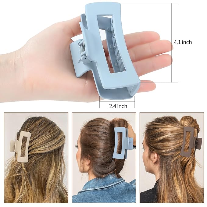 Sisiaipu 4 Inch Big Hair Claw Clips 6 Pcs Large Claw for Thick Hair Square Hair Clips for Women Rectangle Hair Clips Nonslip Acrylic Banana Jaw Clips Hair Accessories for Girls (Brown Blue)