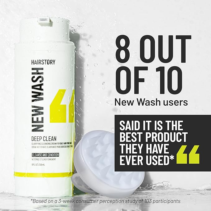 Hairstory New Wash Deep Clean – Detergent Free Shampoo for Oily Fine Hair, Sulfate Free Volumizing Cleansing Cream, Shampoo and Conditioner Alternative, 8 Fl Oz Refillable Bottle
